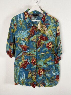 Vintage Carole Little Blouse Rayon Tropical Floral Button Up Shirt Blue Palm 16